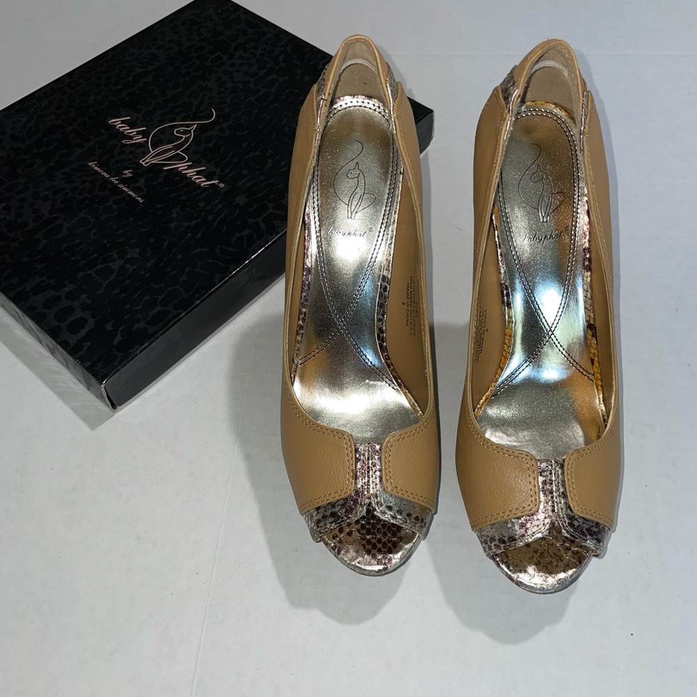 Y2K Baby Phat Tan and Gold Peep Toe Heels